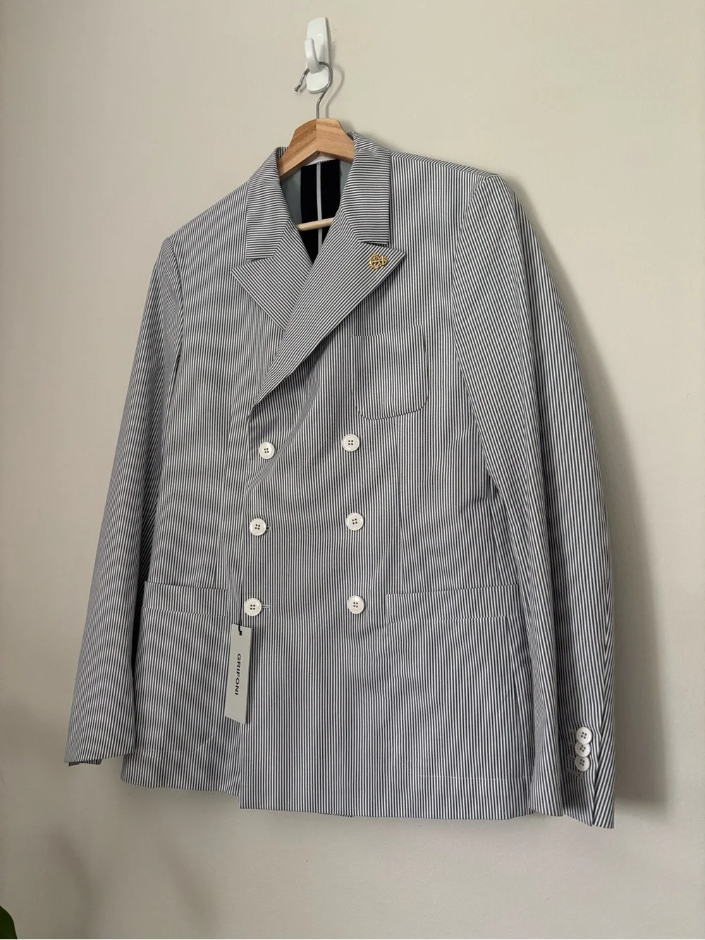 Mauro Grifoni Lightweight Cotton Blend Double Breasted Striped Nautical Blazer